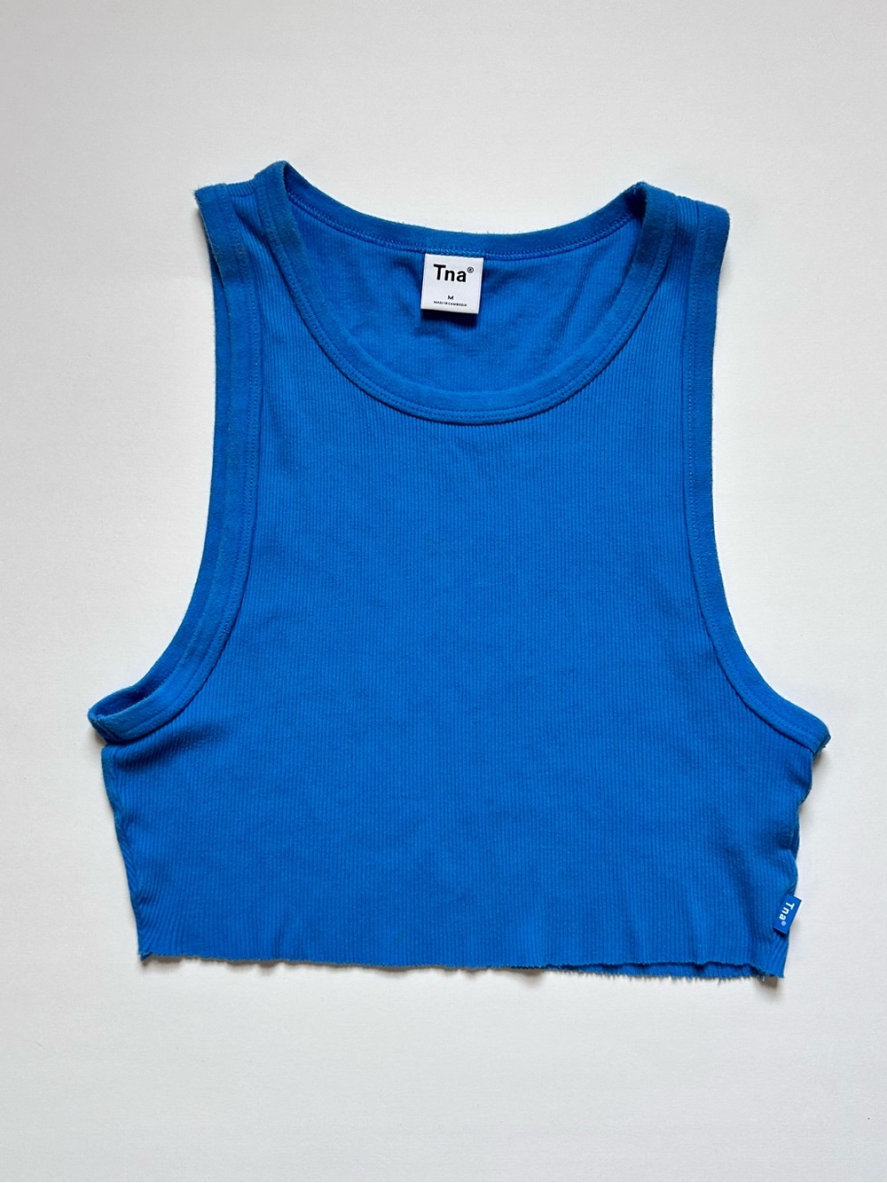 Aritzia TNA Ribbed Cropped Racer Tank Top Raw Hem Royal Blue M